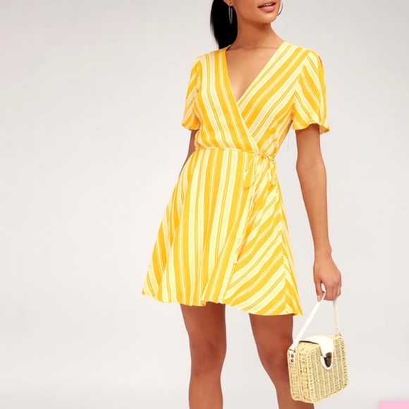 Lulus Sun Times Yellow Striped Wrap Dress - Picture 1 of 5